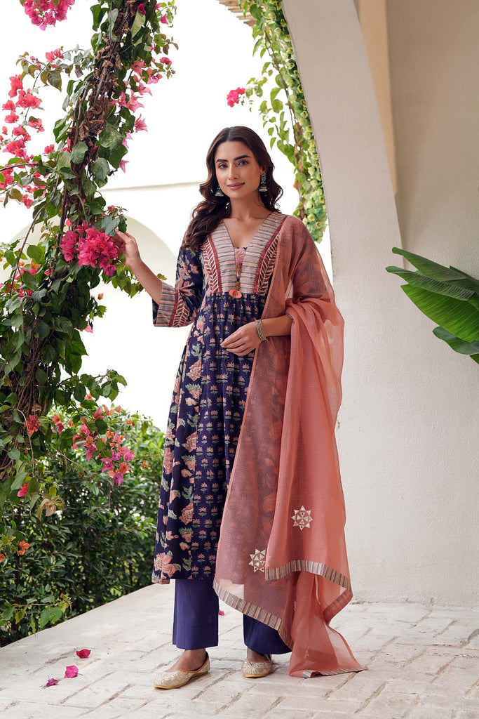A-Line Long Length Kurta In Purple Floral Print