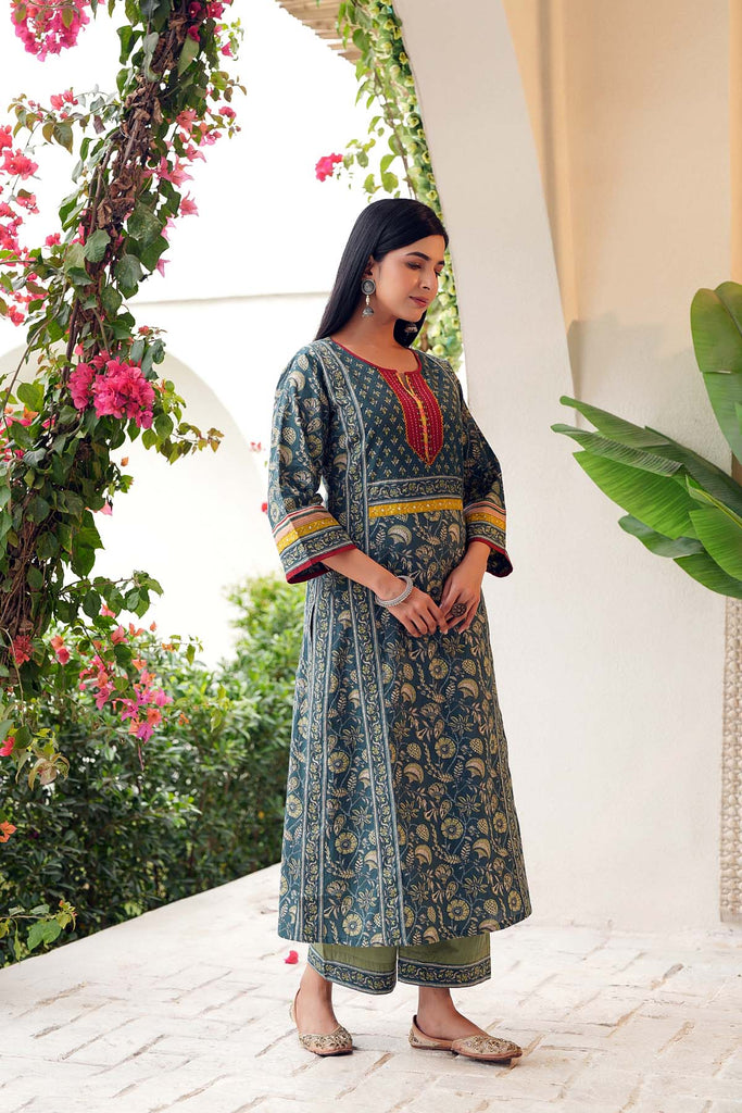 Teal Blue Long Length Kurta In cotton Fabric