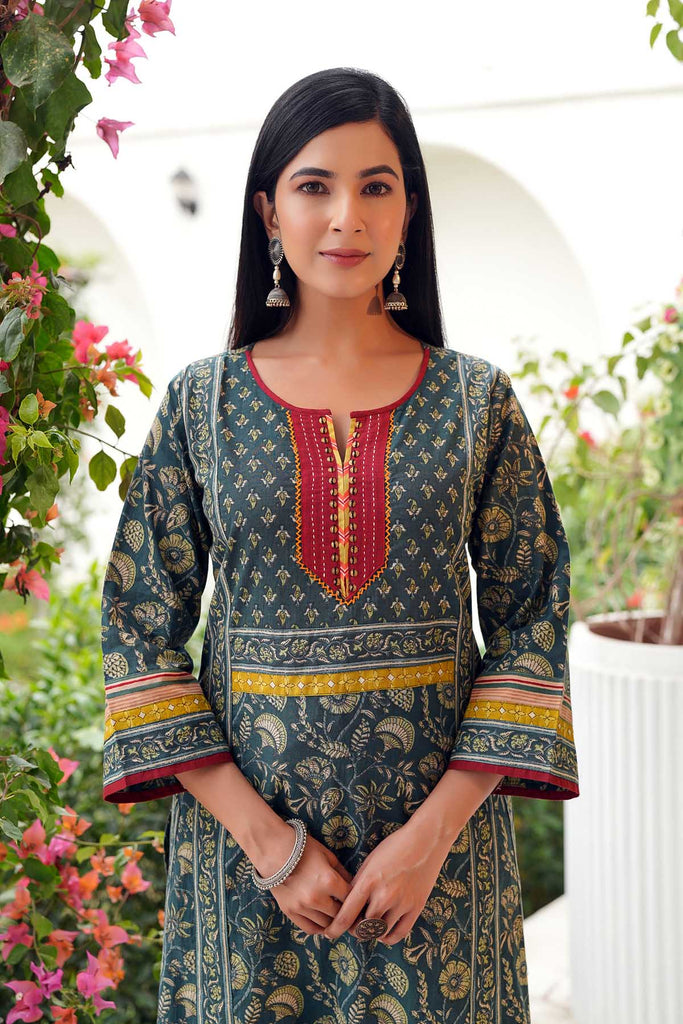 Teal Blue Long Length Kurta In cotton Fabric