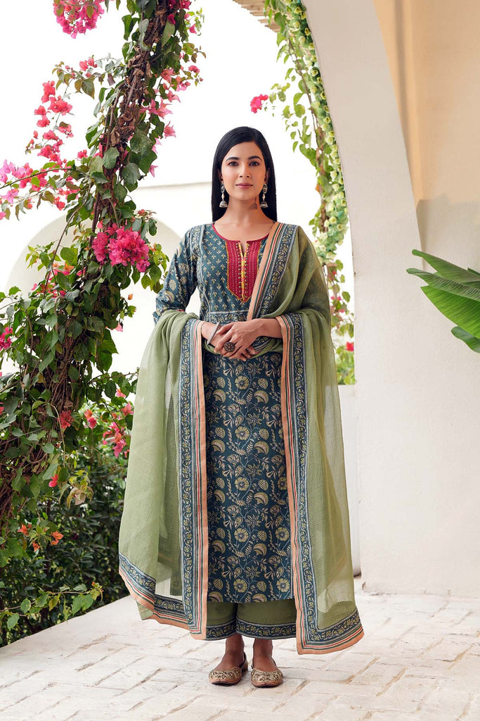 Teal Blue Long Length Kurta In cotton Fabric