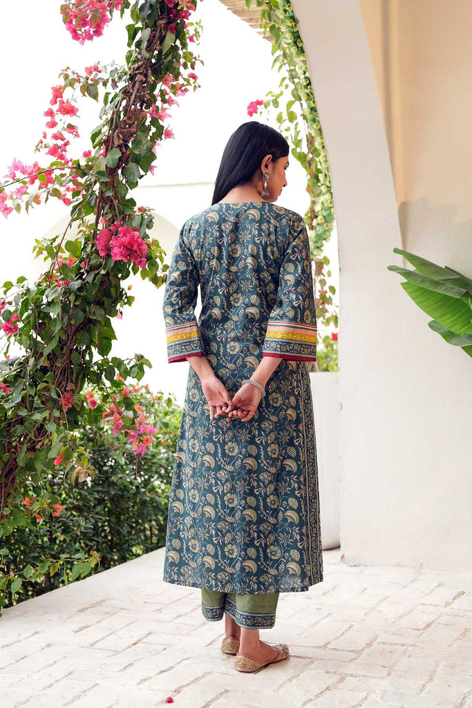 Teal Blue Long Length Kurta In cotton Fabric