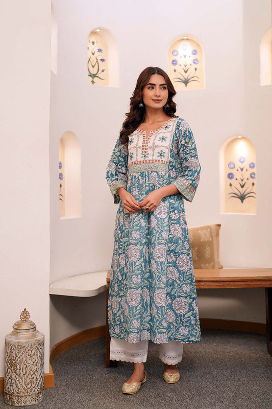 Firozi Blue A-Line Kurta In Hand Block Cotton