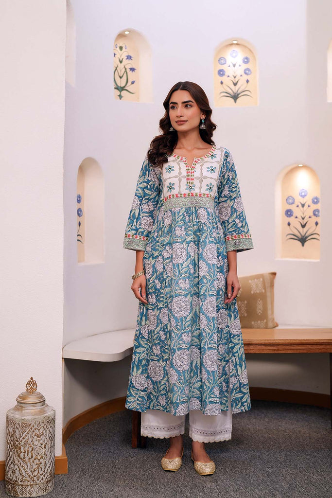 Firozi Blue A-Line Kurta In Hand Block Cotton