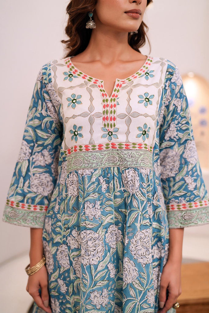 Firozi Blue A-Line Kurta In Hand Block Cotton