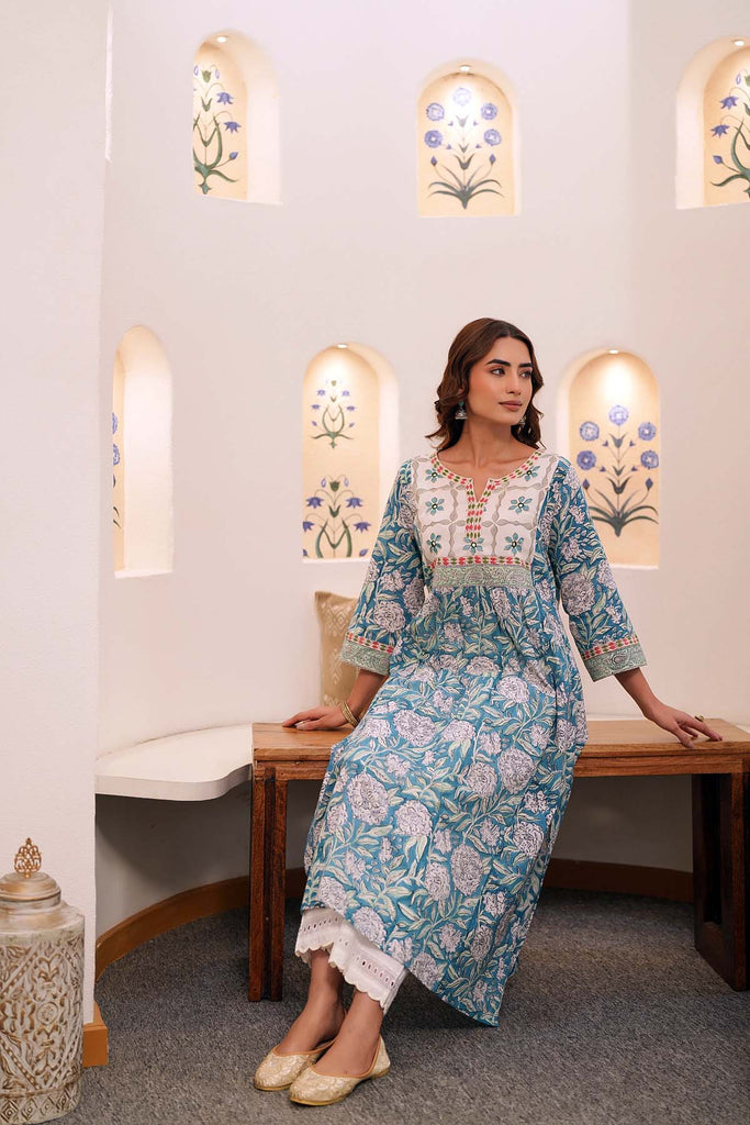 Firozi Blue A-Line Kurta In Hand Block Cotton