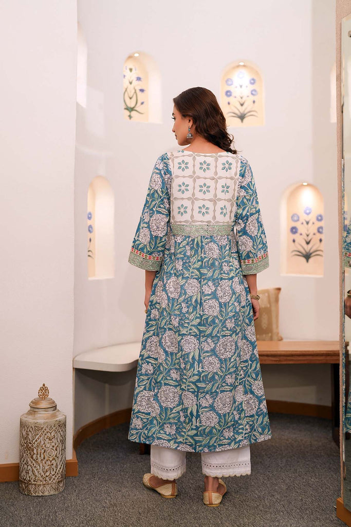 Firozi Blue A-Line Kurta In Hand Block Cotton