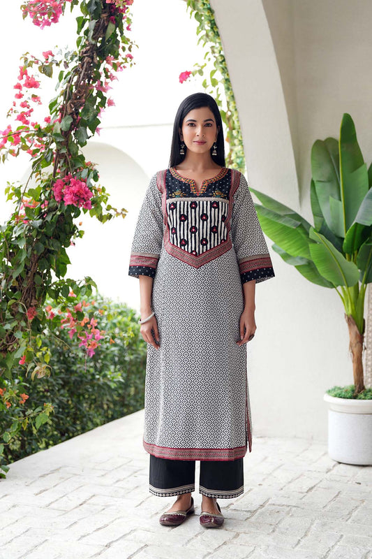 Black And White Cotton Straight Fit Kurta