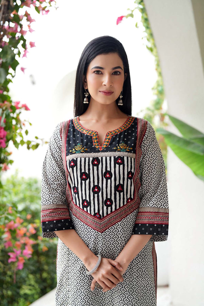Black And White Cotton Straight Fit Kurta
