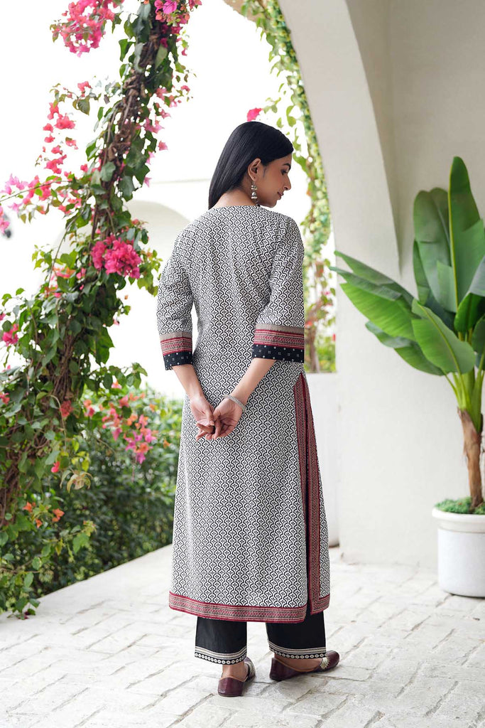 Black And White Cotton Straight Fit Kurta