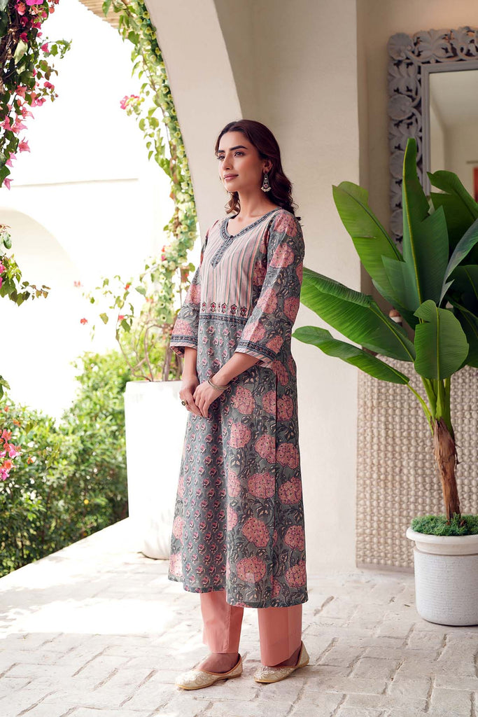 Straight Fit Hand Block Printed Kurta In Grey Color