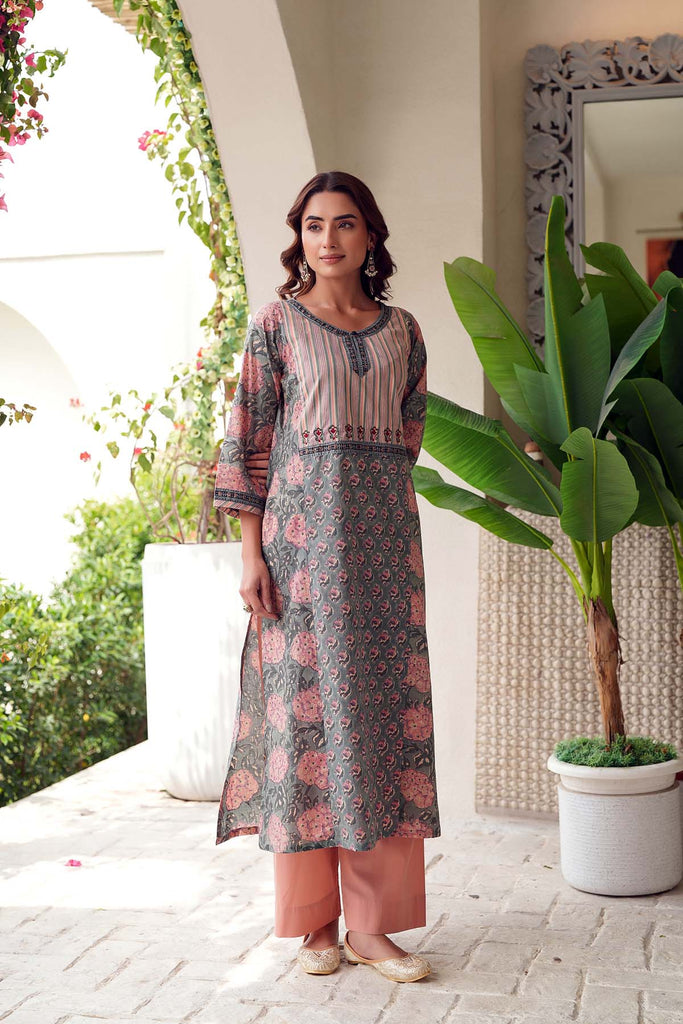 Straight Fit Hand Block Printed Kurta In Grey Color
