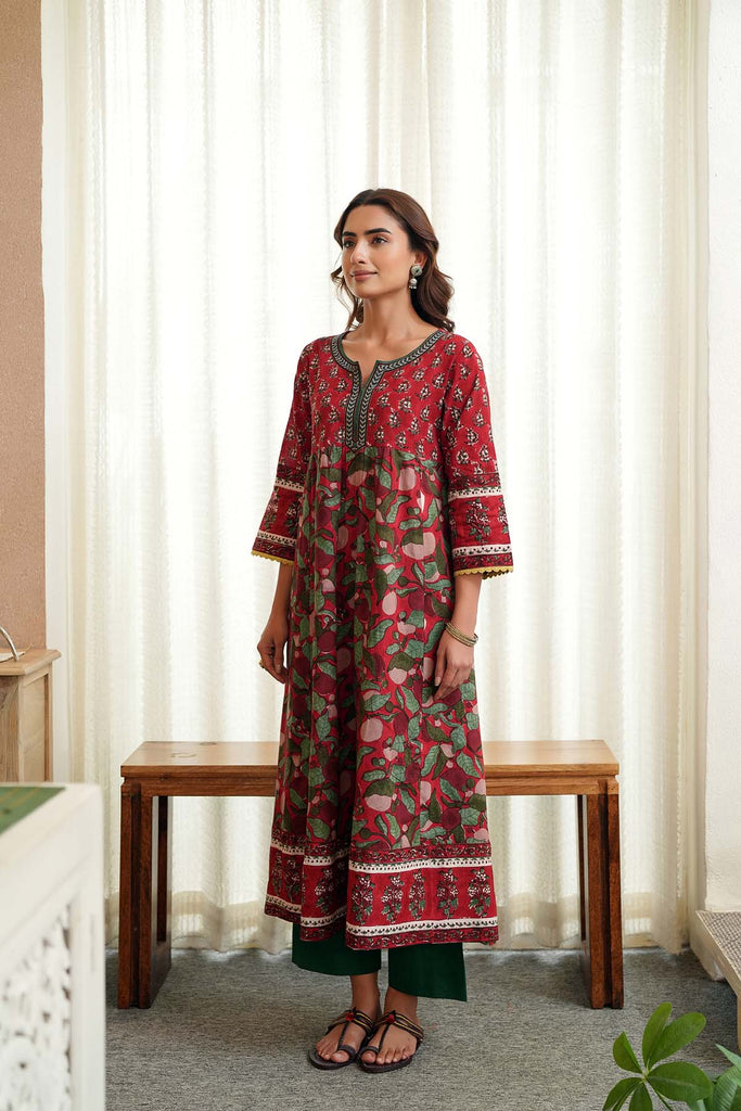 Long Length A-Line Kurta In Hand Block Cotton