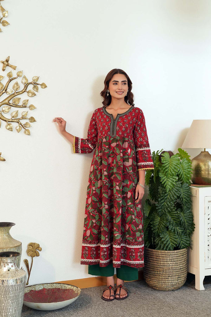 Long Length A-Line Kurta In Hand Block Cotton