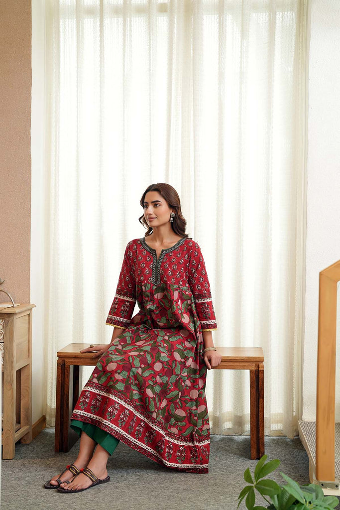 Long Length A-Line Kurta In Hand Block Cotton