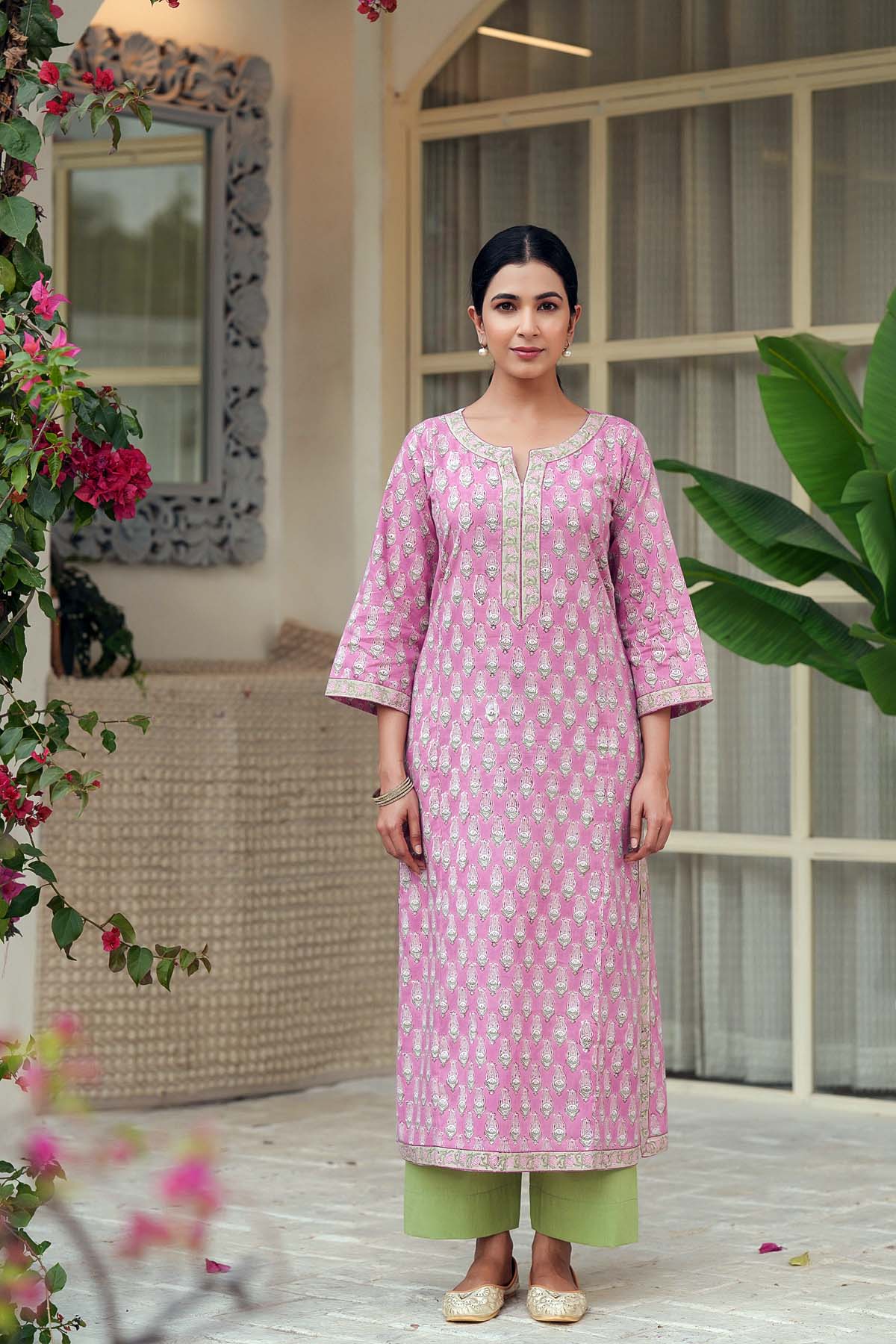 Straight Fit Kurta In Purple Pink Hand Block Cotton
