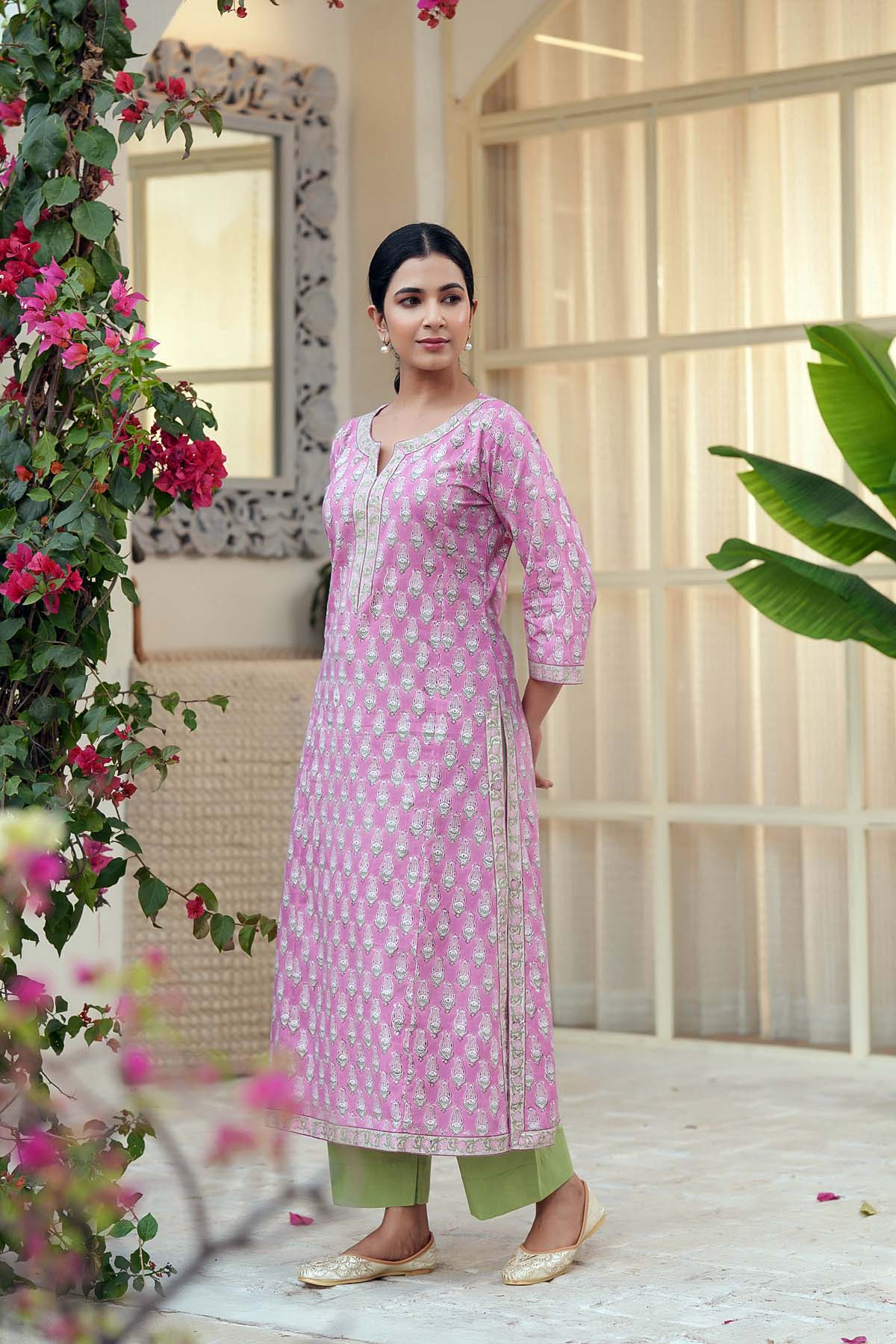 Straight Fit Kurta In Purple Pink Hand Block Cotton