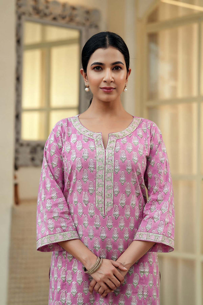 Straight Fit Kurta In Purple Pink Hand Block Cotton