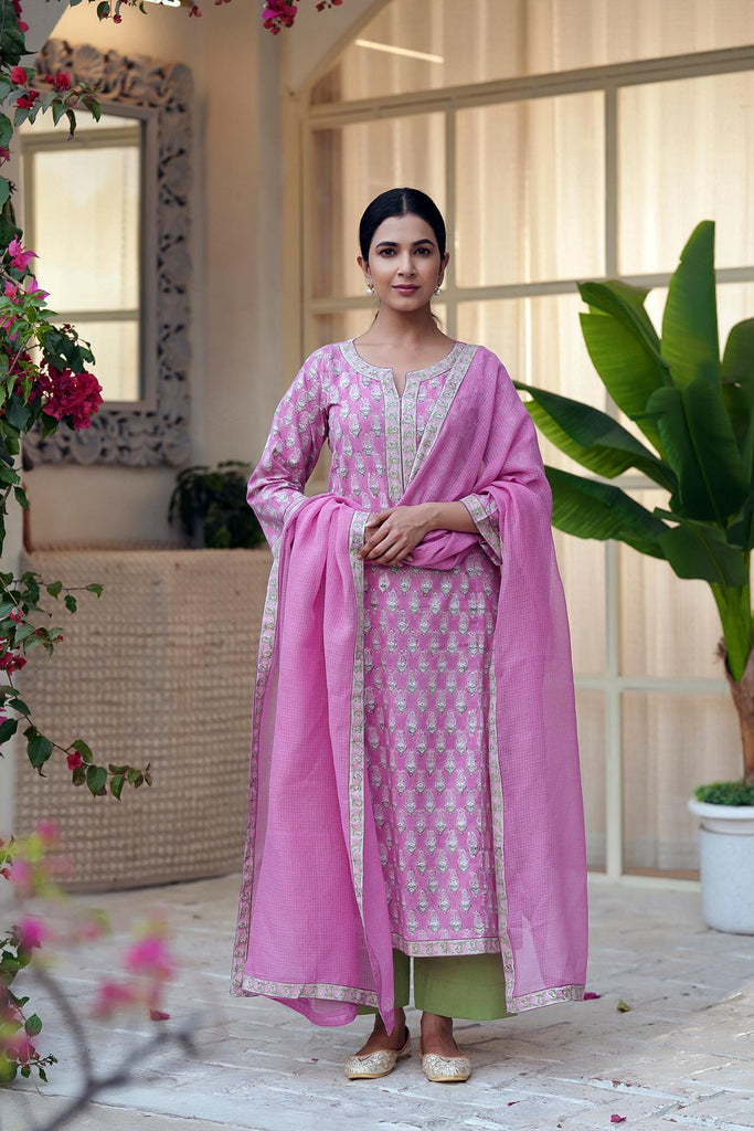 Straight Fit Kurta In Purple Pink Hand Block Cotton