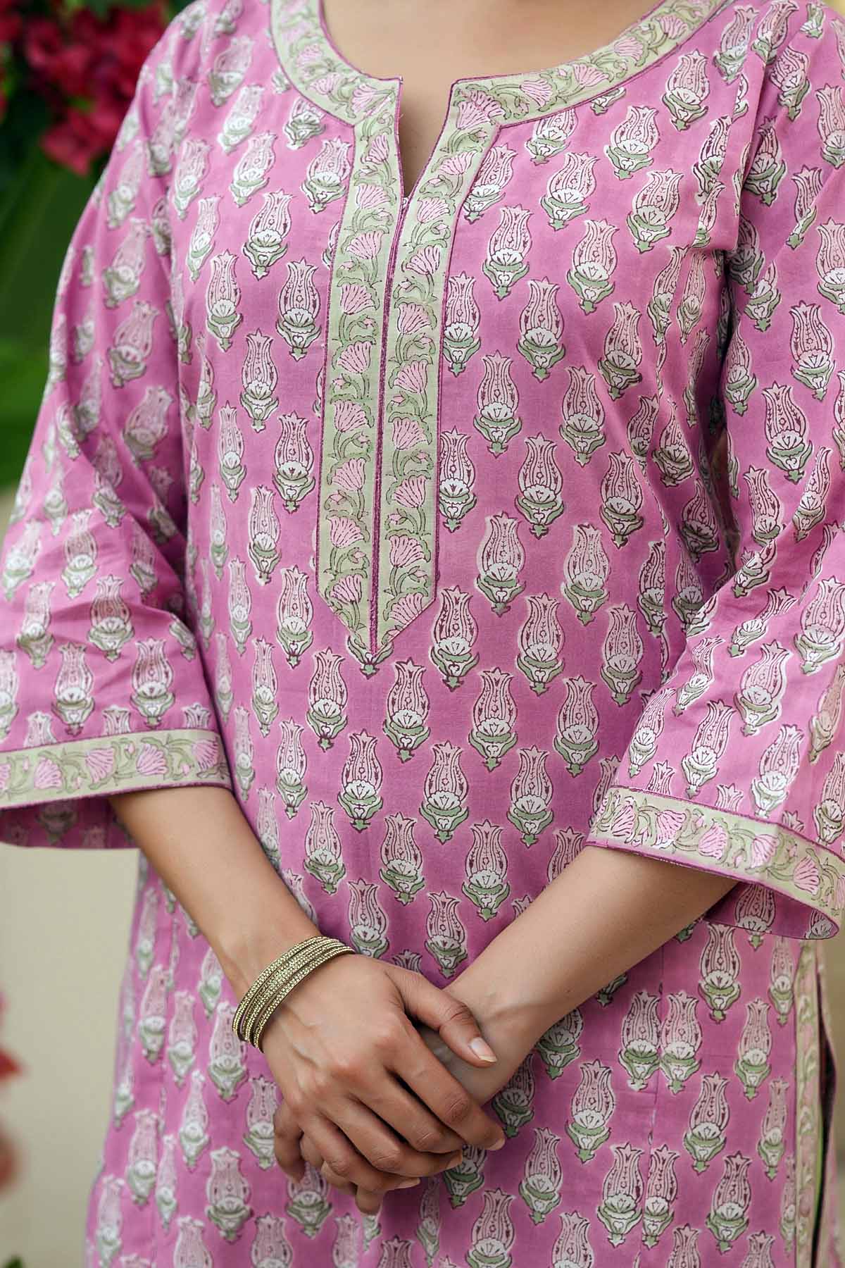 Straight Fit Kurta In Purple Pink Hand Block Cotton