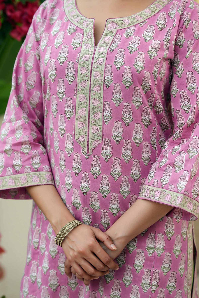 Straight Fit Kurta In Purple Pink Hand Block Cotton