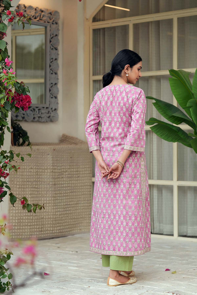 Straight Fit Kurta In Purple Pink Hand Block Cotton