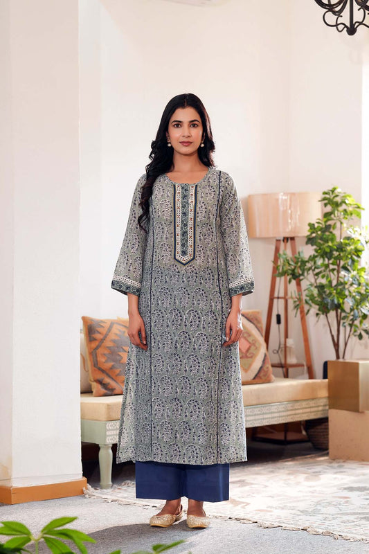 Straight Fit Kurta In Grey/Blue Handblock Cotton