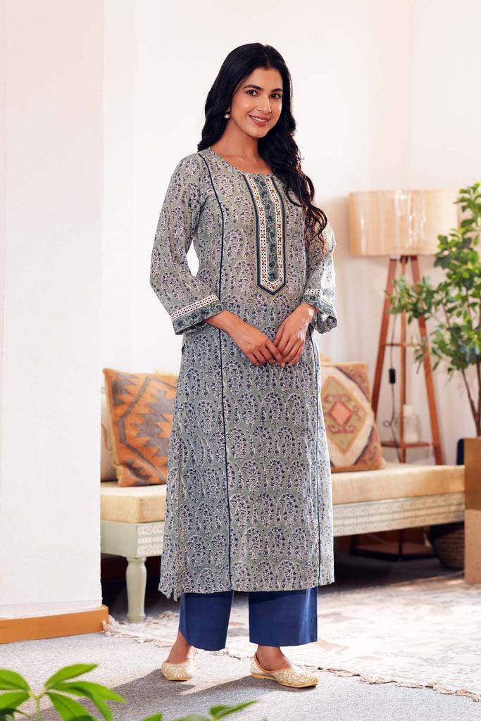 Straight Fit Kurta In Grey/Blue Handblock Cotton