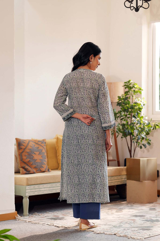 Straight Fit Kurta In Grey/Blue Handblock Cotton