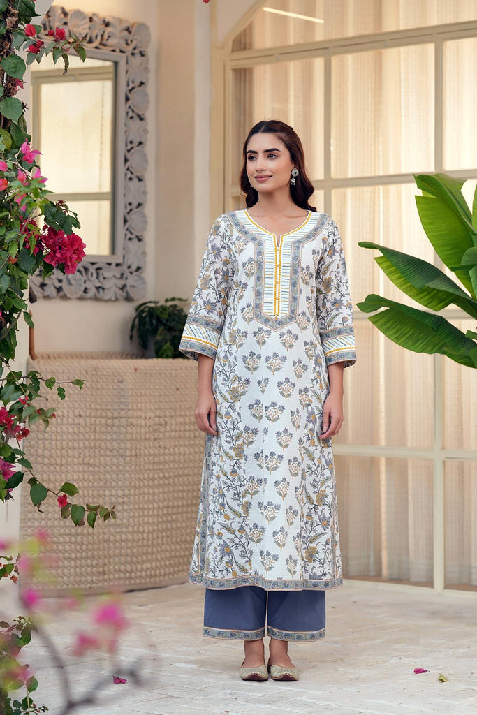 White And Grey Straight Fit Kurta In Handblock Cotton