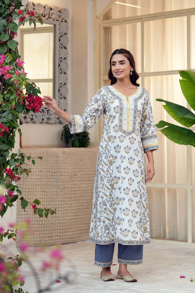 White And Grey Straight Fit Kurta In Handblock Cotton