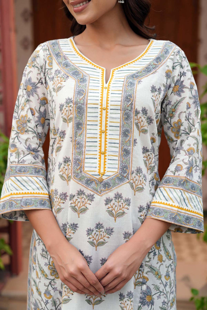 White And Grey Straight Fit Kurta In Handblock Cotton