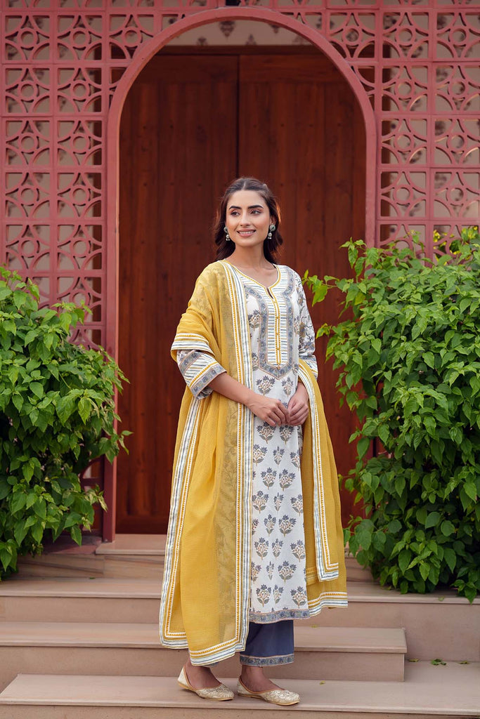 White And Grey Straight Fit Kurta In Handblock Cotton