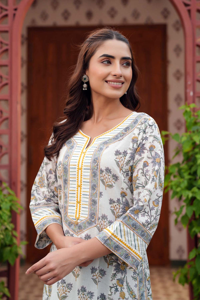 White And Grey Straight Fit Kurta In Handblock Cotton