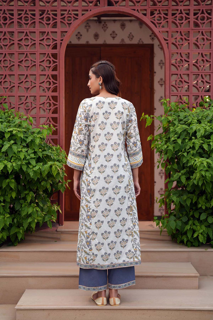 White And Grey Straight Fit Kurta In Handblock Cotton
