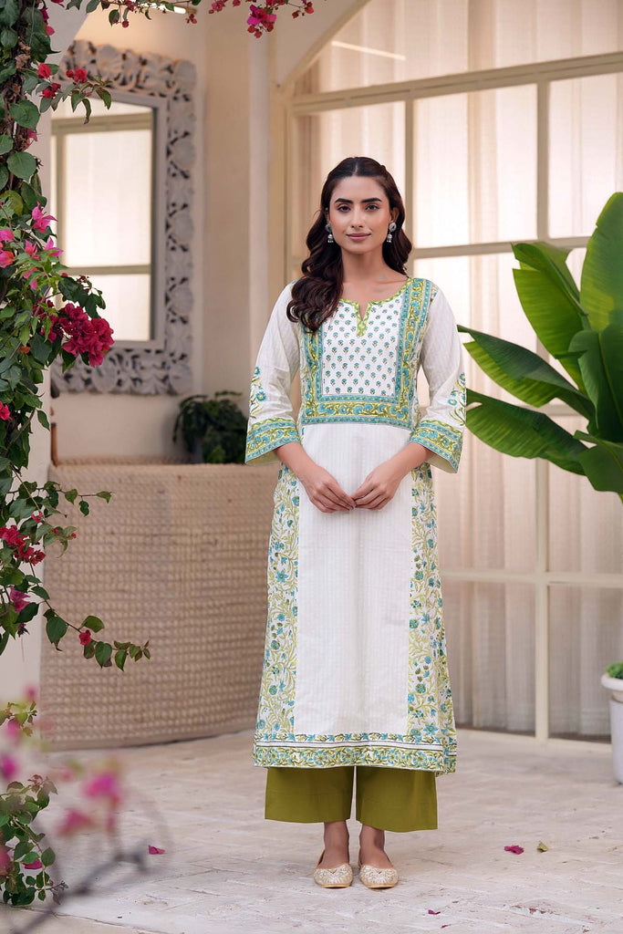 Long Length A-Line Kurta In Cream Handblock Cotton