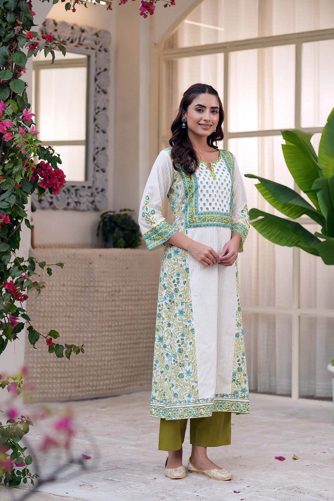 Long Length A-Line Kurta In Cream Handblock Cotton