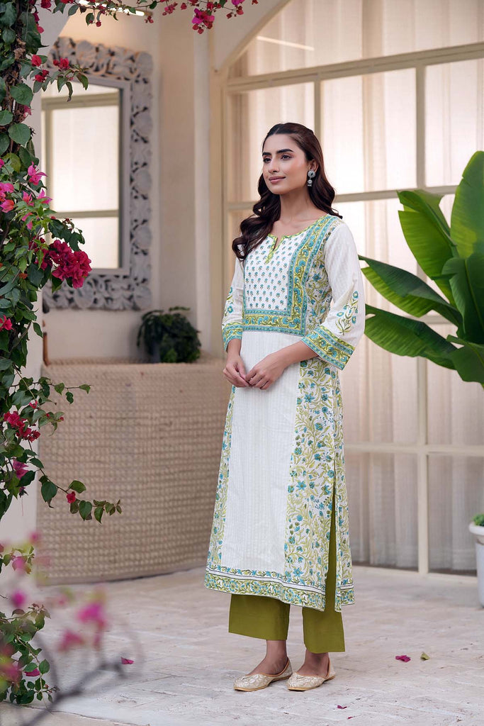 Long Length A-Line Kurta In Cream Handblock Cotton