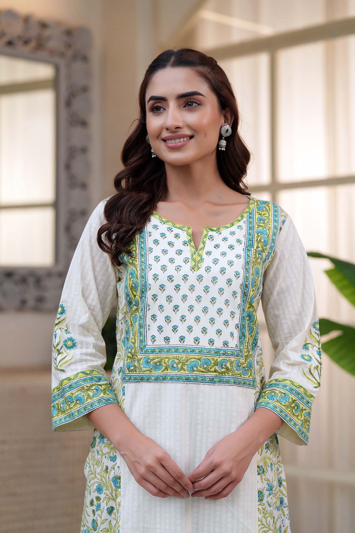 Long Length A-Line Kurta In Cream Handblock Cotton