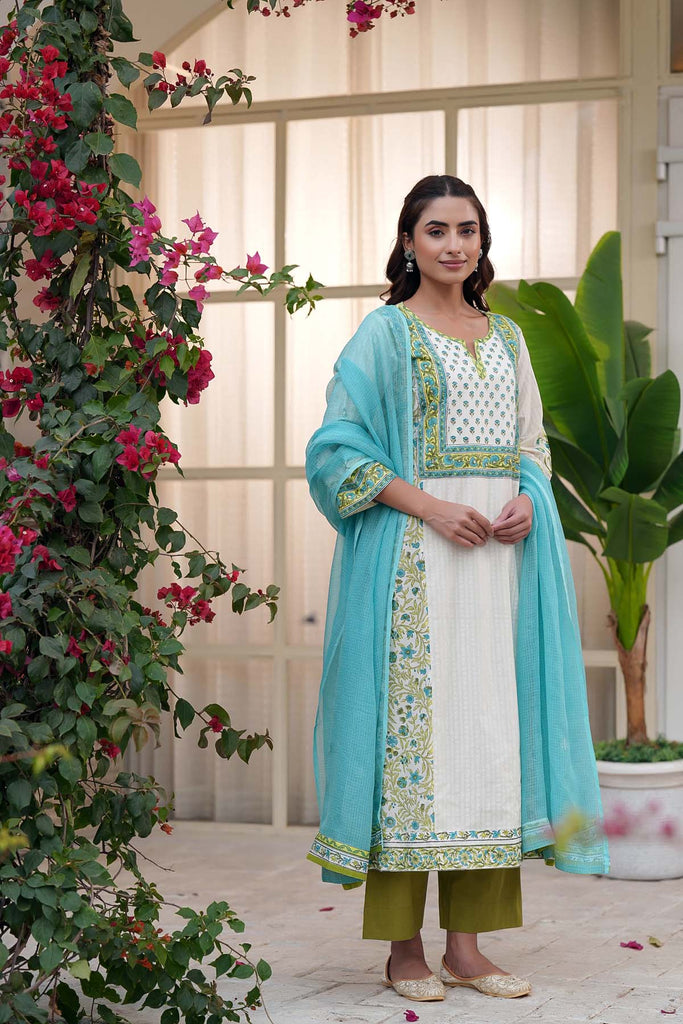 Long Length A-Line Kurta In Cream Handblock Cotton