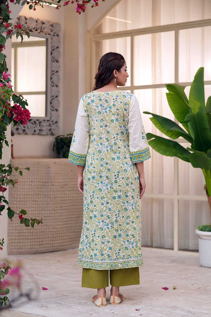 Long Length A-Line Kurta In Cream Handblock Cotton