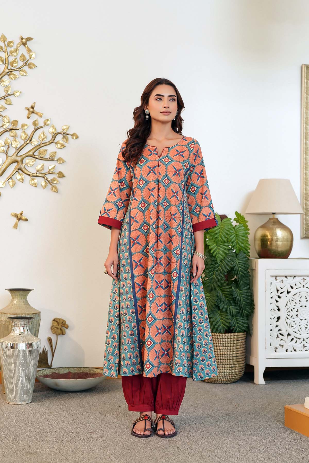 Long Length A-Line Kurta In Peach/Teal Blue Color