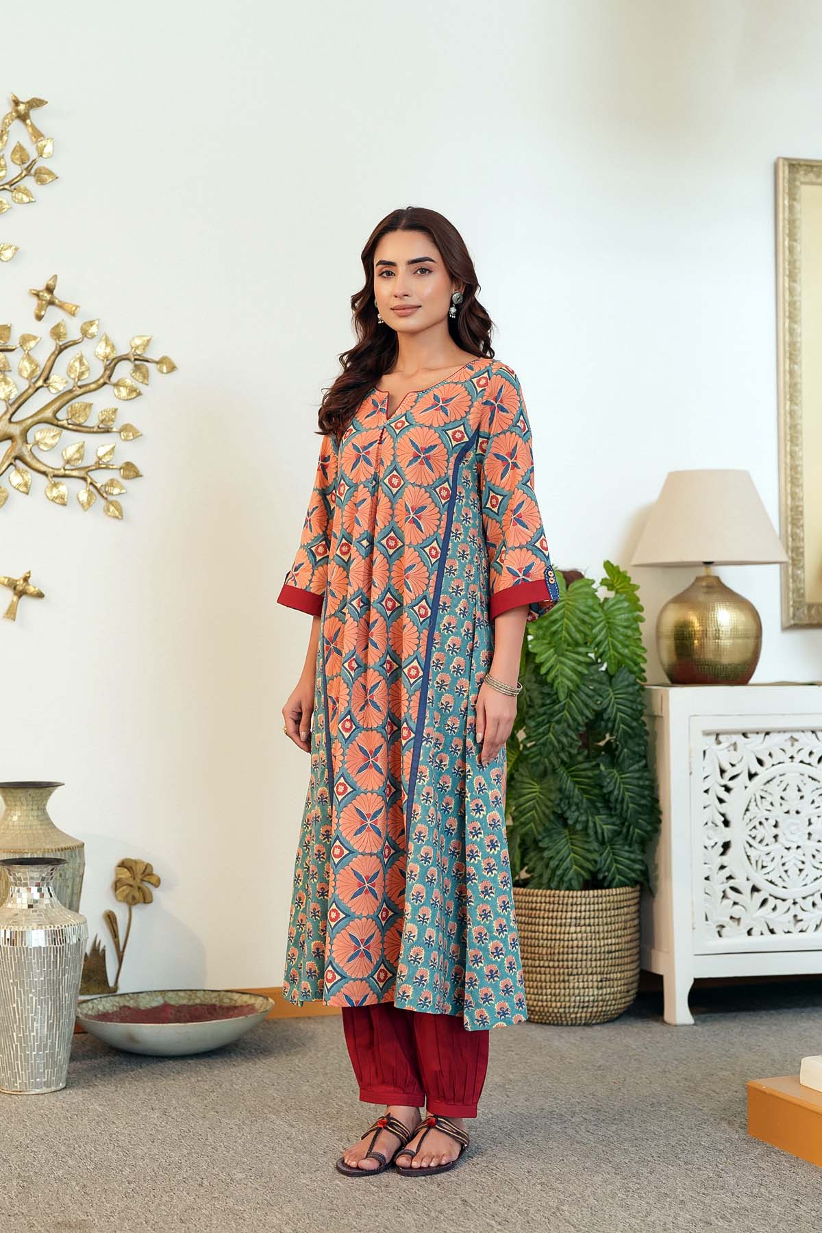 Long Length A-Line Kurta In Peach/Teal Blue Color