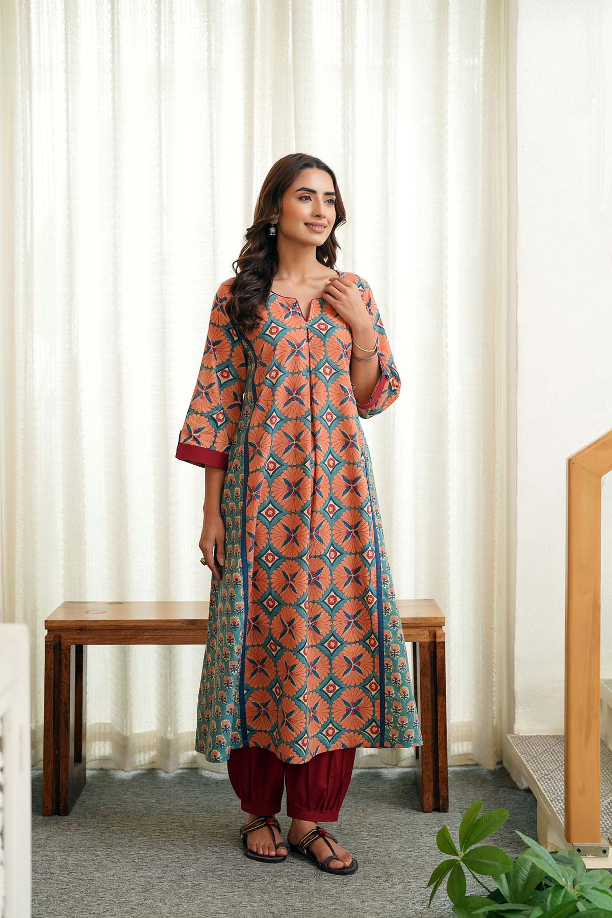 Long Length A-Line Kurta In Peach/Teal Blue Color