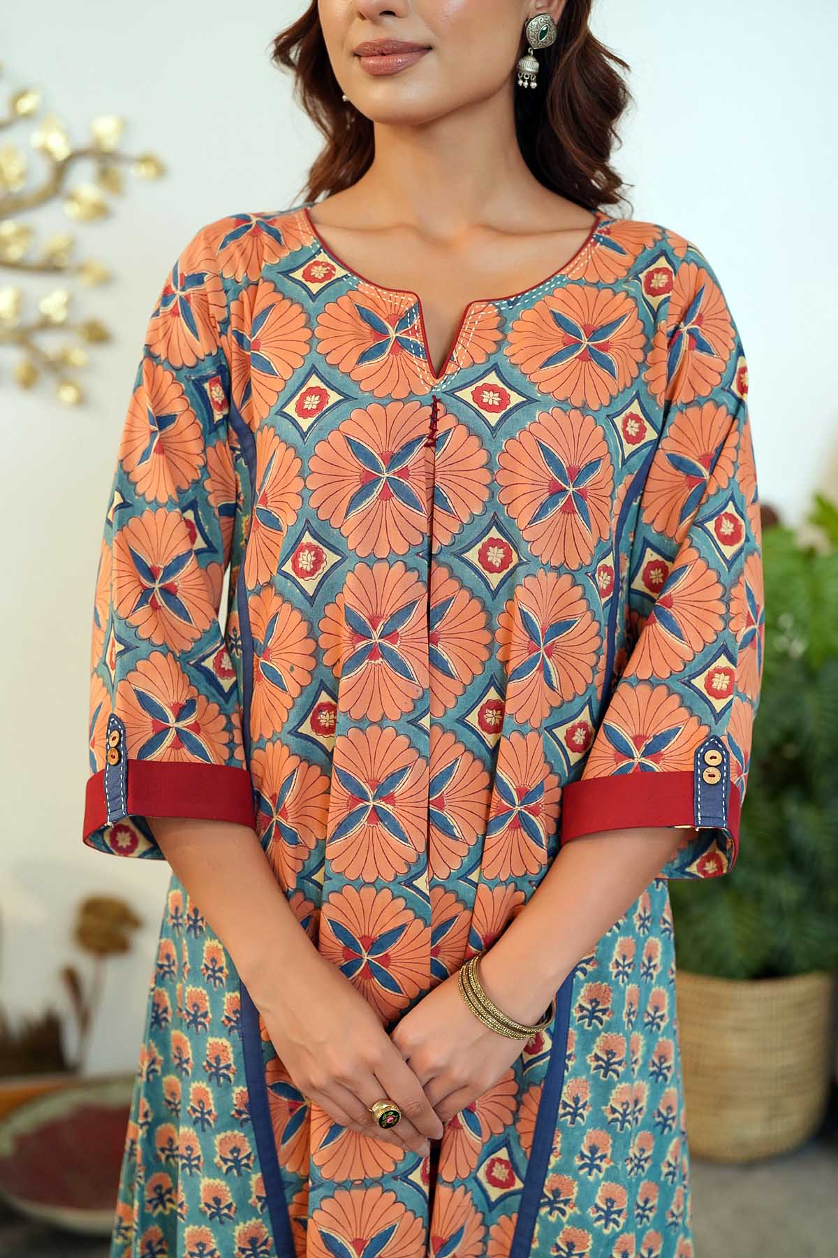 Long Length A-Line Kurta In Peach/Teal Blue Color