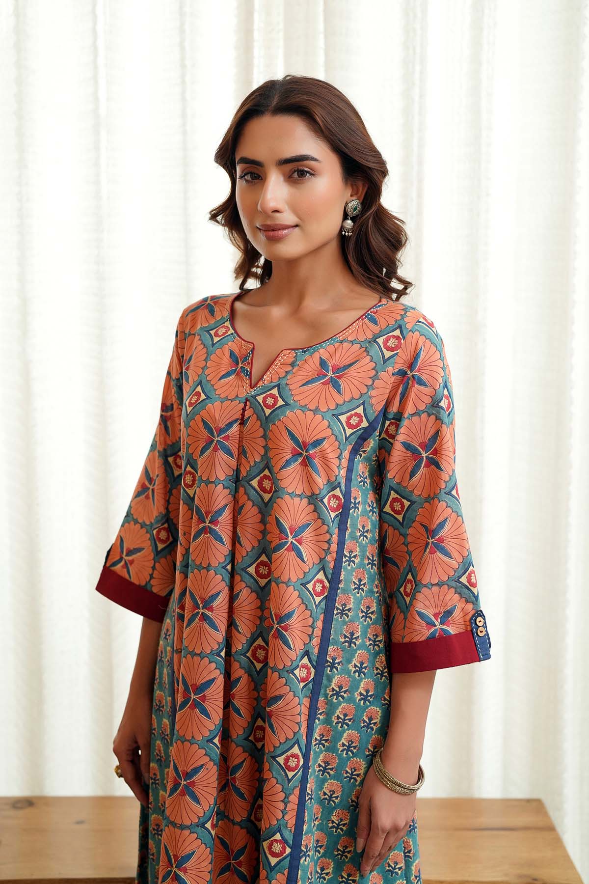Long Length A-Line Kurta In Peach/Teal Blue Color