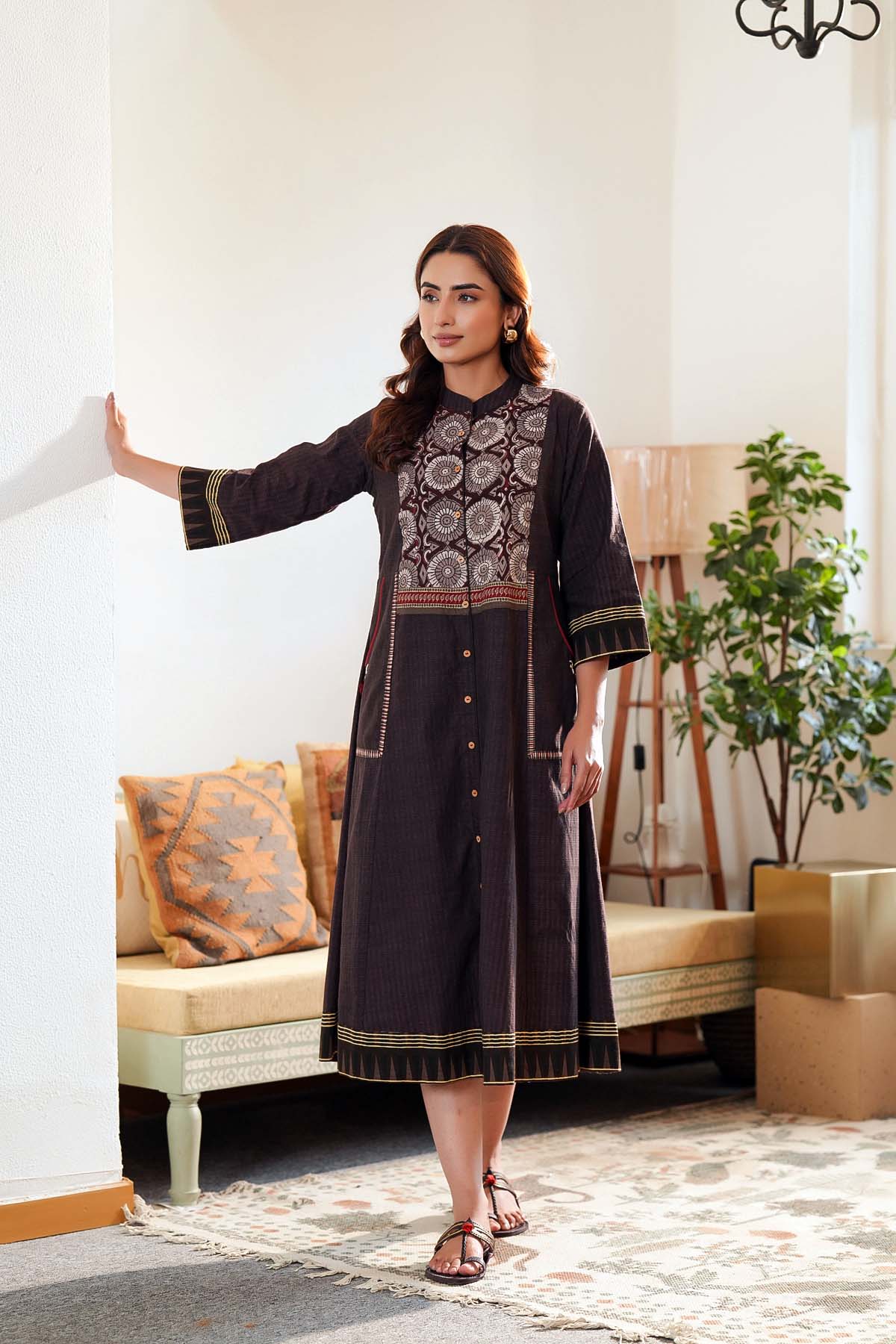 Brown A-Line Dress In Handloom Cotton