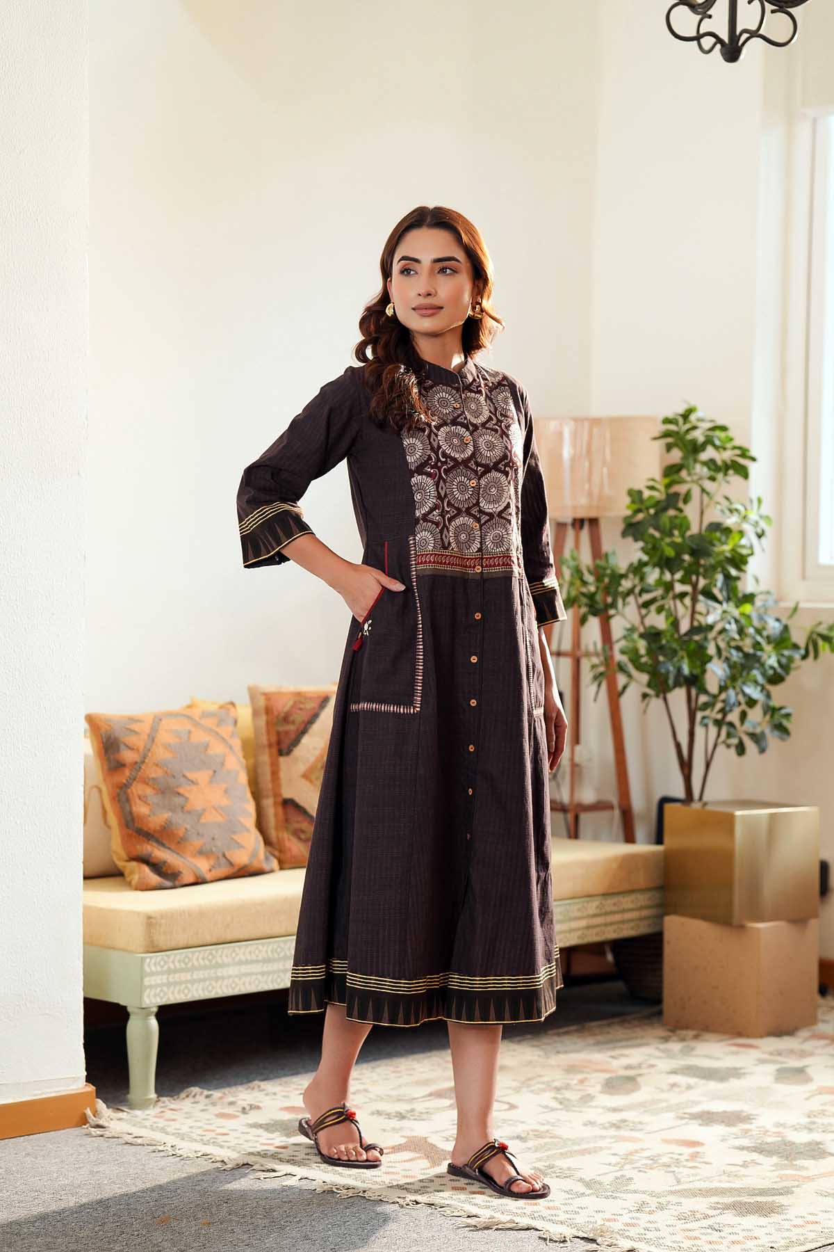 Brown A-Line Dress In Handloom Cotton