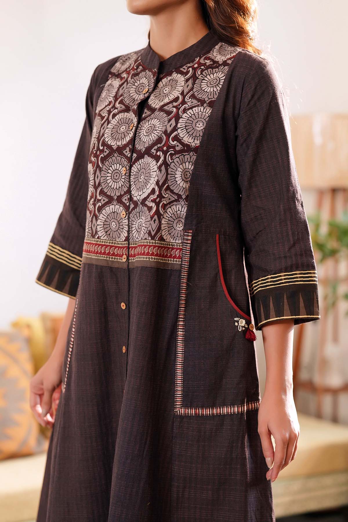 Brown A-Line Dress In Handloom Cotton