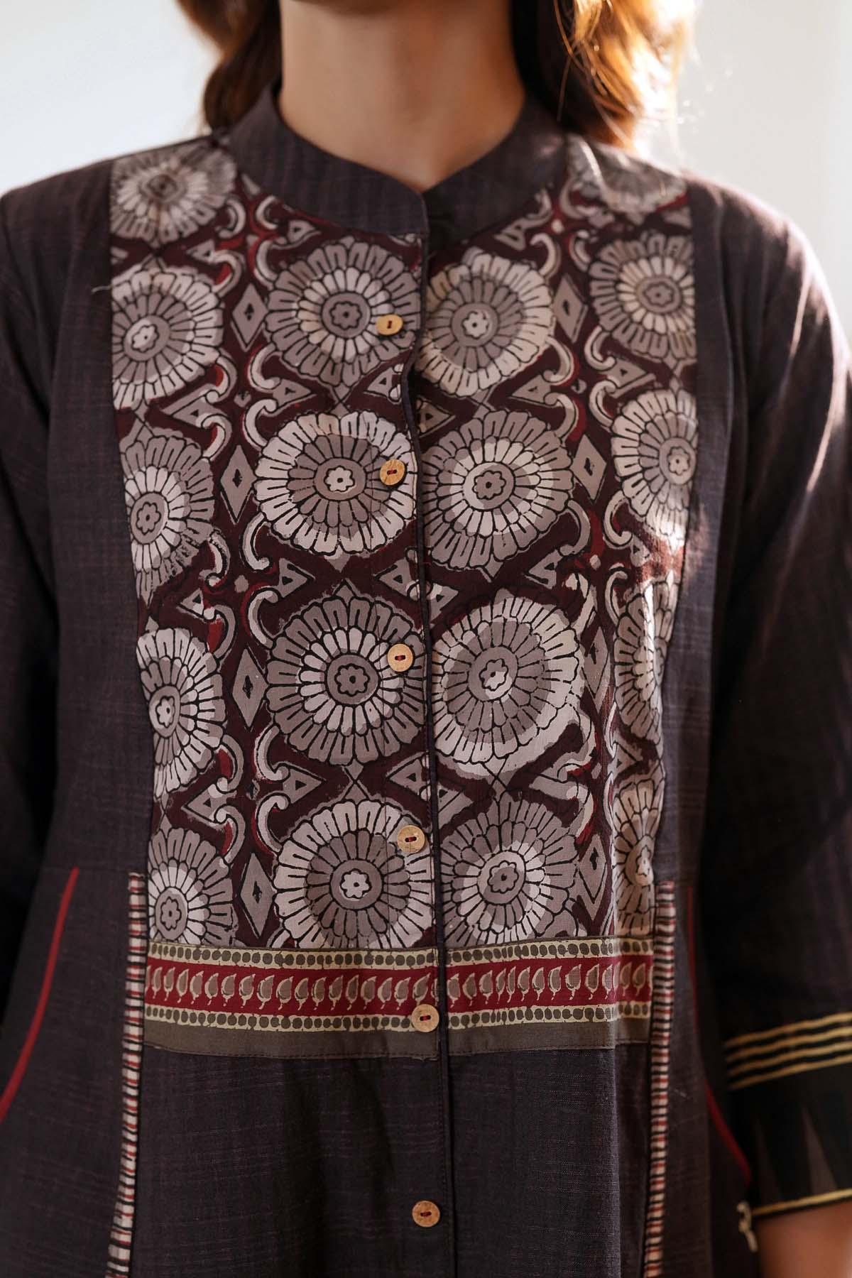 Brown A-Line Dress In Handloom Cotton