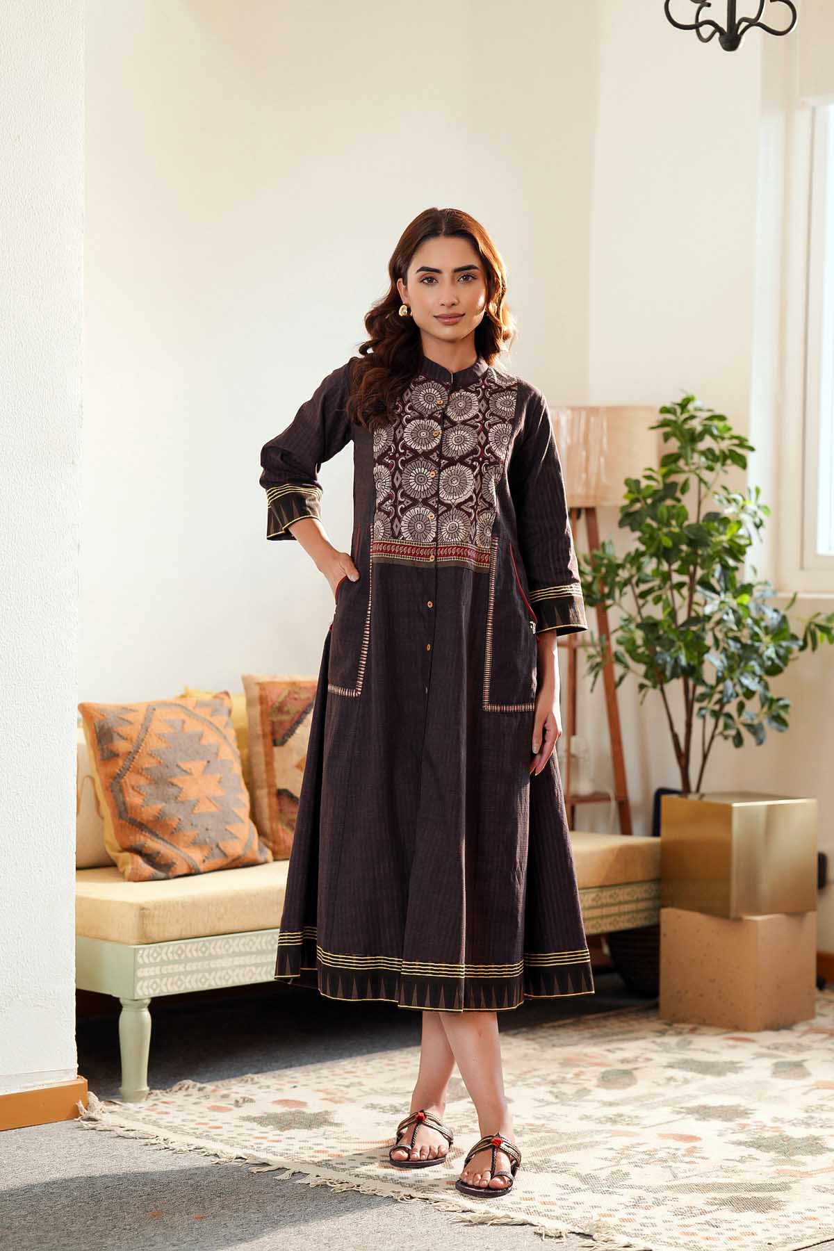 Brown A-Line Dress In Handloom Cotton